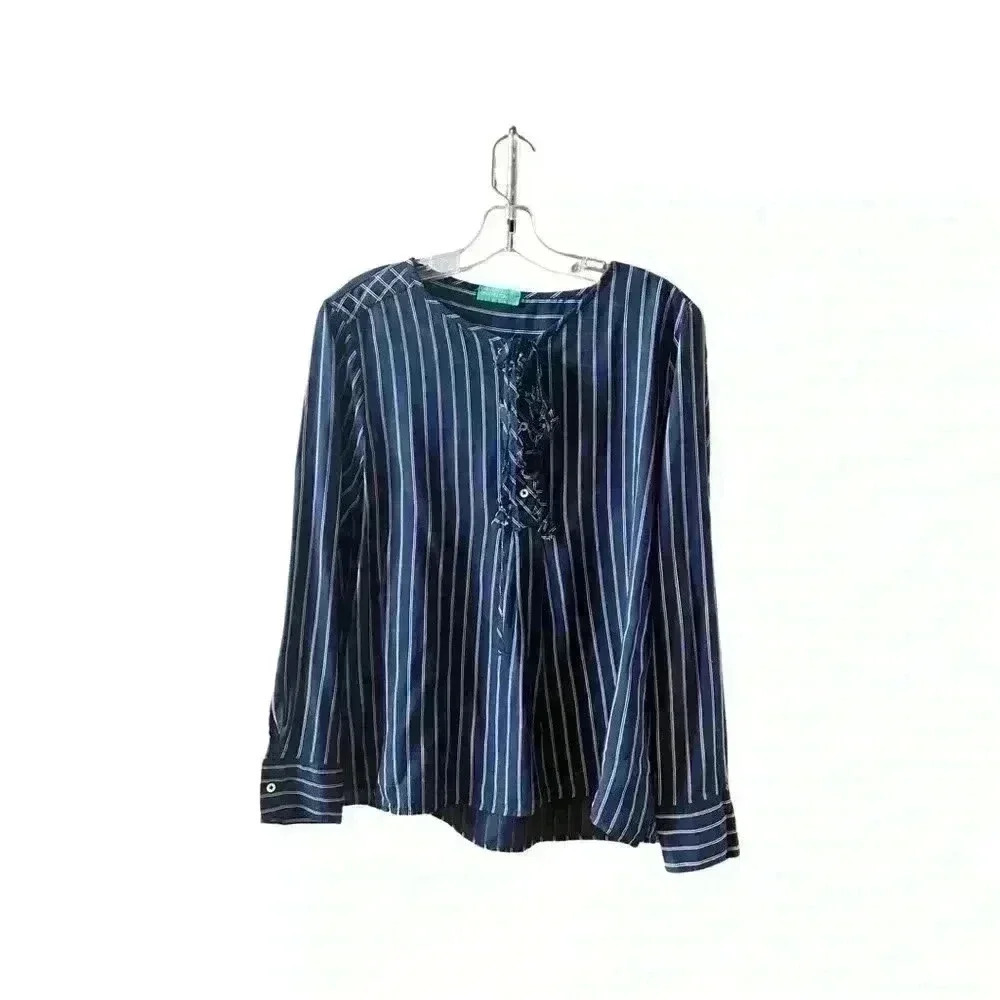 United Colors of Benetton Navy Striped Long Sleeve Blouse L